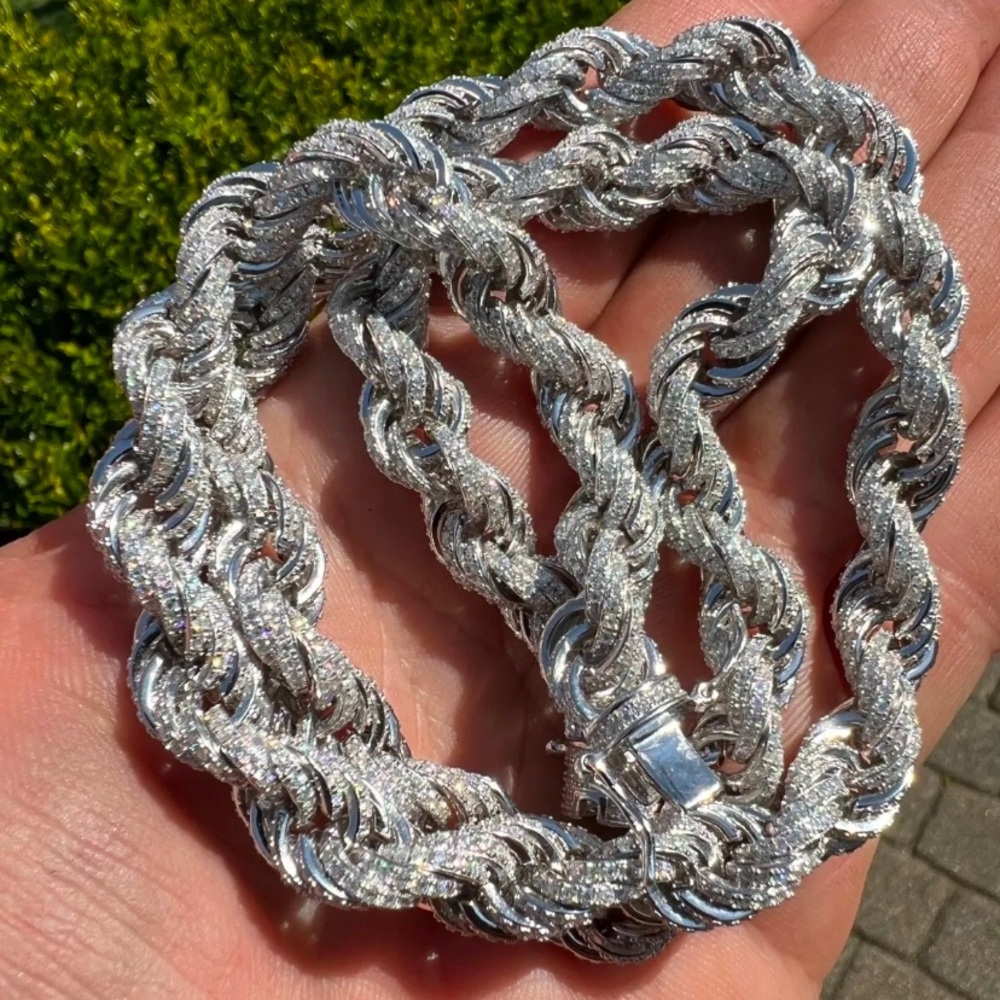 Men’s 8mm Real Rope Chain Icy VVS cz Diamond 14K Gold Plated Sterling silver